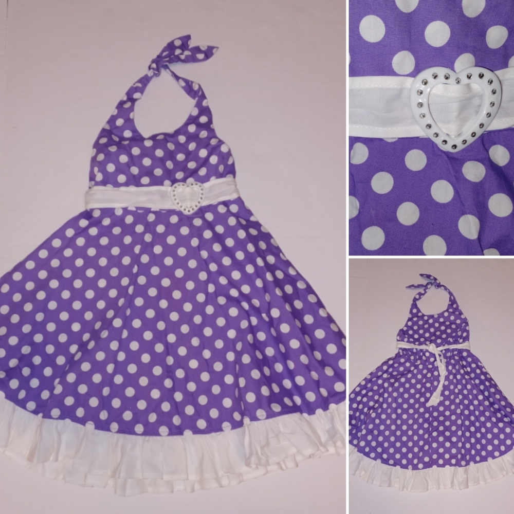 Polka Dot Ruffle Dress, Halter, Heart Belt, Purple & White Zoey Girl 100% Cotton